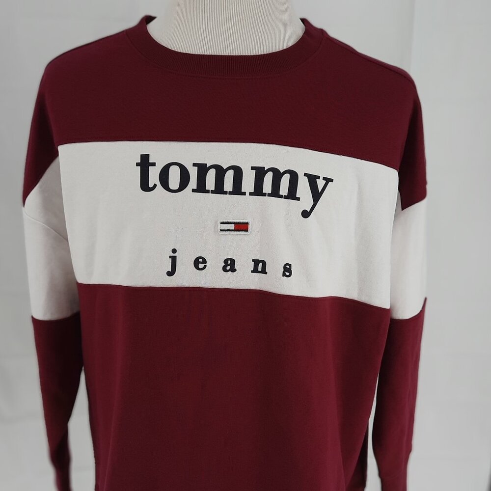 Tommy Jeans Hilfiger Logo Sweatshirt Adult Size Large Red White Bar Long Sleeve - Picture 1 of 4
